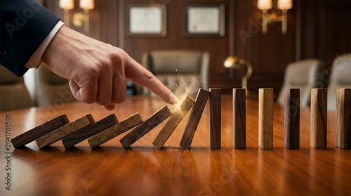 Businessman's finger initiating a cascade of falling dominoes on a polished wooden desk, representing decisive action and consequences in business.
