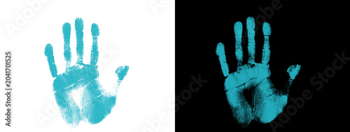 Schilderij op canvas Light Blue Handprint Glowing Effect on White and Black Background