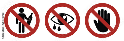 Foto Prohibited Warning Symbols Vector Set, Featuring No Child Entry, No Water Contact and Stop Hand Safety Signs for Hazard Prevention, Safety Compliance, Regulatory Instruction Design