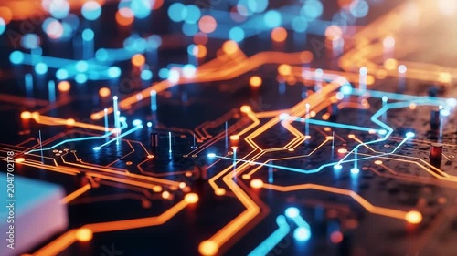 Abstract digital circuit board with glowing blue and orange lines