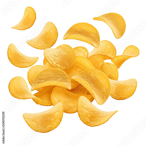 A pile of potato chips is arranged in a dynamic, overlapping manner against a stark on transparent background