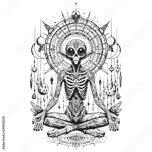Tableau sur toile Celestial meditation of the skeletal being with black and white