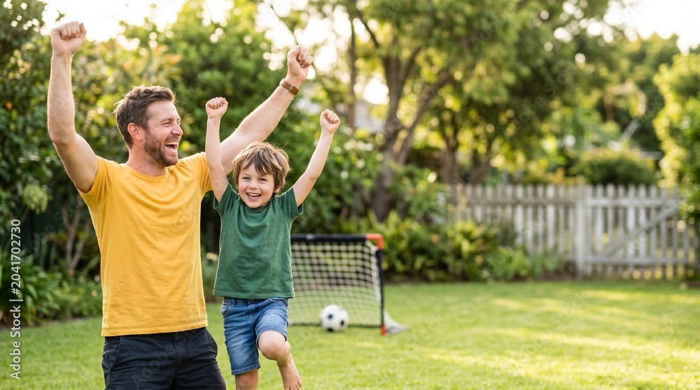 Obraz premium Happy Father and Son Celebrating a Goal While Playing Soccer in the Backyard