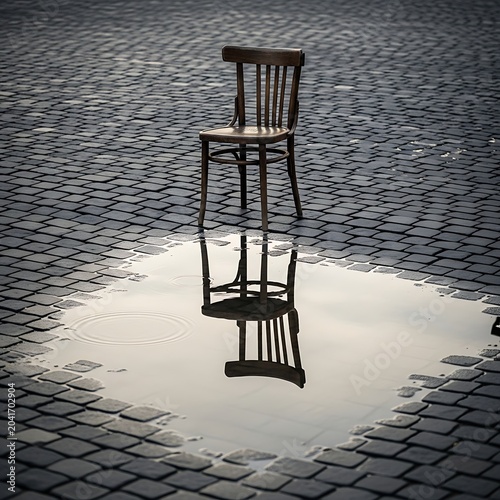Empty Wooden Chair Reflected in Puddle on Wet Cobblestone Street