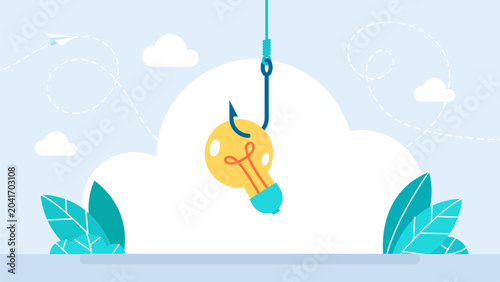 Tableau sur toile Glowing lightbulb caught on a big metal fishing hook, representing stolen intellectual property, ideas theft, plagiarism and creative trapping concepts