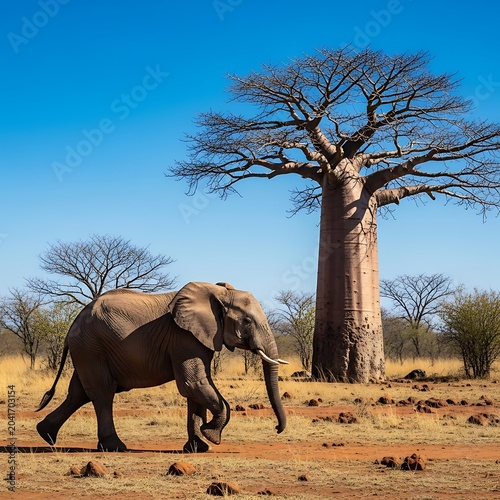African Elephant Walking Past Giant Baobab Tree in Dry Savanna Landscape