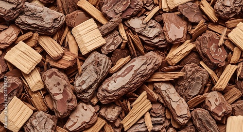 Natural Brown Bark Mulch Pieces Arranged As Rustic Garden Texture Background