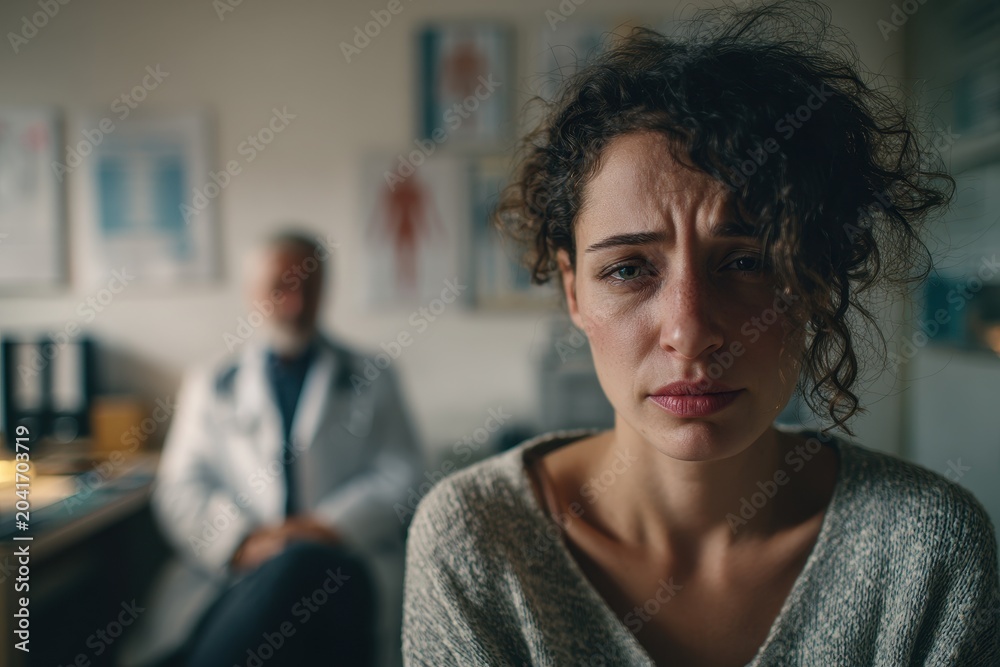 Fototapeta premium Tense moment in a clinic as a distressed patient sits near a physician in a white coat