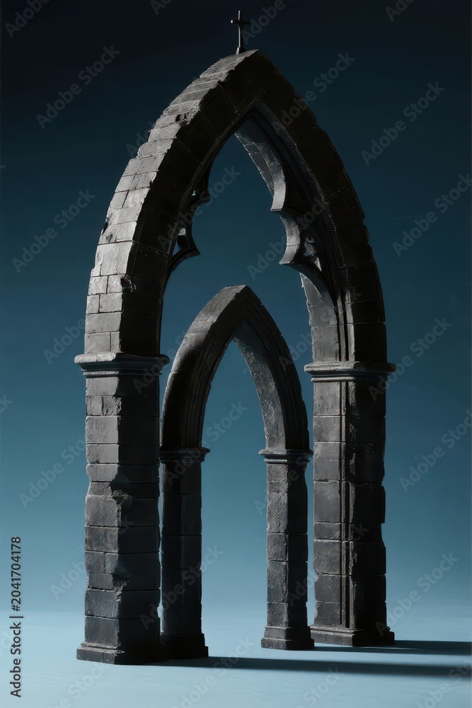 Fototapeta premium A Gothic-style stone architectural model with pointed arches and tracery, showcasing medieval retro aesthetics and highlighting the heavy stone texture under cool light.