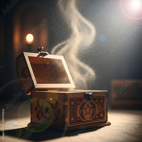 Glowing Magical Dust Rising From Open Wooden Treasure Box in Dramatic Light