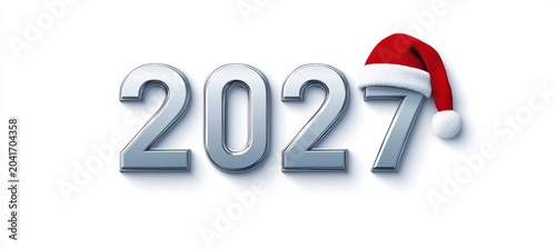 Sleek Chrome 2027 New Year Celebration, Modern Design, Festive Merry Christmas Theme, Bright Scene