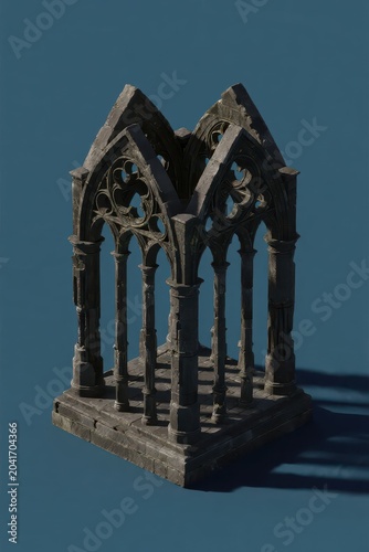 A Gothic-style stone architectural model with pointed arches and tracery, showcasing medieval retro aesthetics and highlighting the heavy stone texture under cool light.