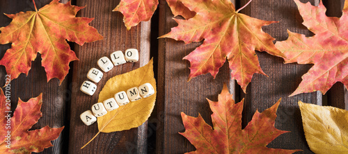 Hello autumn inscription and red maple leafs on wooden background, selective focus