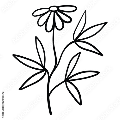 Minimalist linear drawing of a daisy flower on a stem with branched leaves.