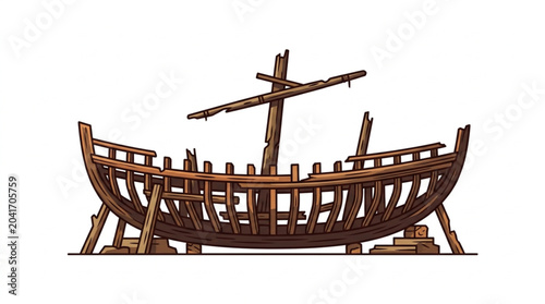 Foto Old wooden ship hull under construction or repair.