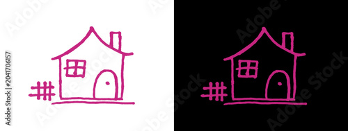 Photos Pink Neon House with Hashtag Home Icon on White and Black Split Background