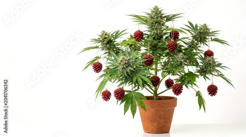 Healthy Cannabis Plant with Red Berries in Terracotta Pot on White Background