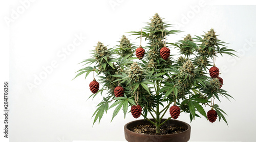 Healthy Cannabis Plant with Ripe Buds and Red Berries in Pot