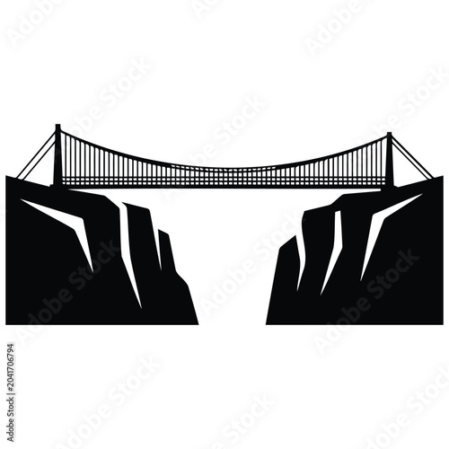 Suspension bridge over canyon, vector silhouette illustration, line art structure.