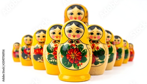 Colorful Russian Nesting Dolls Arranged in Rows on White Studio Background