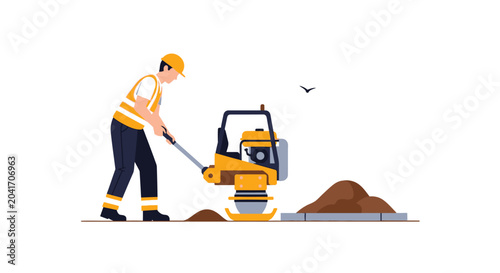 Construction worker compacting soil with a vibratory plate compactor on a white background