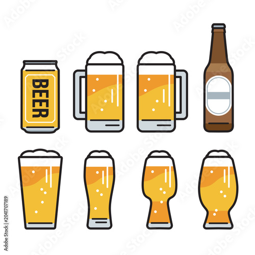 いろんな形のグラスビール　ビールグラス　ビールジョッキ　瓶ビール　缶ビール