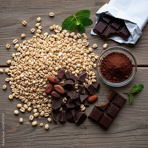Dark Chocolate Pieces with Cocoa Bean and Barley Grain Arranged on Rustic Wooden Table