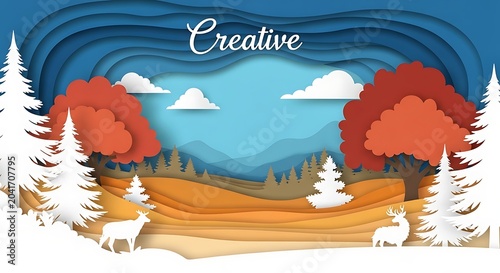 Layered Paper Cut Autumn Forest Landscape with Deer and Mountains in Whimsical Nature Scene