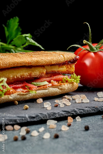 Gourmet vegan sandwich with plant-based kebab, sauce and fresh lettuce on black slate board, side view of delicious meatless submarine sandwich or panini on dark background, eco buffet1628.jpg