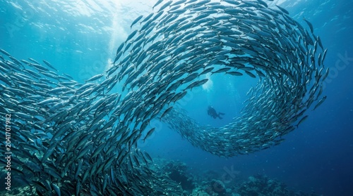 Scuba diver swimming in large school of fish underwater. Marine life movement in ocean blue. World Oceans Day concept. Wild nature exploration and deep sea ecosystem observation.