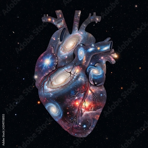 Surreal Cosmic Human Heart Floating in Starry Outer Space