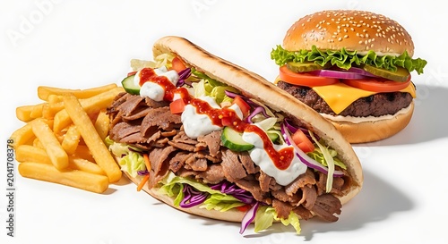 Fresh Doner Kebab Sandwich with Fries and Cheeseburger on White Background