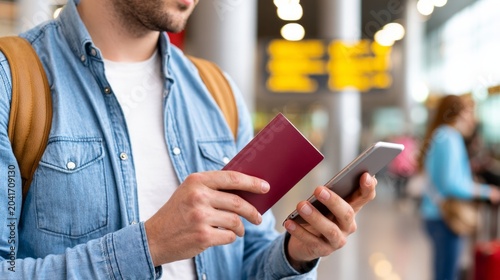 Traveler wearing a denim shirt and backpack standing in an airport terminal, holding a passport and smartphone, checking flight information or travel details before a journey