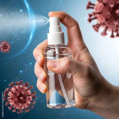 Hand Spraying Clear Sanitizer Bottle Against Floating Virus Particles