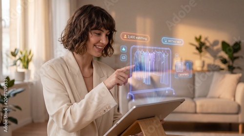 Woman interacting with a holographic clothing rack interface on a tablet for virtual shopping