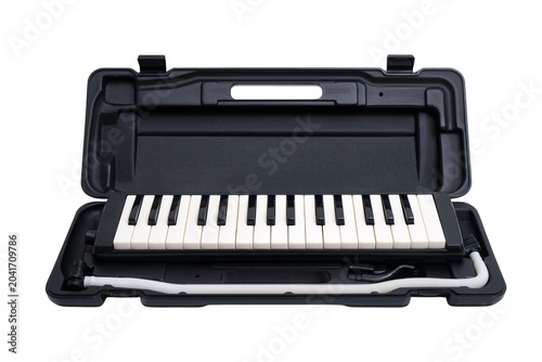 Foto Melodica inside black plastic carrying case on transparent background