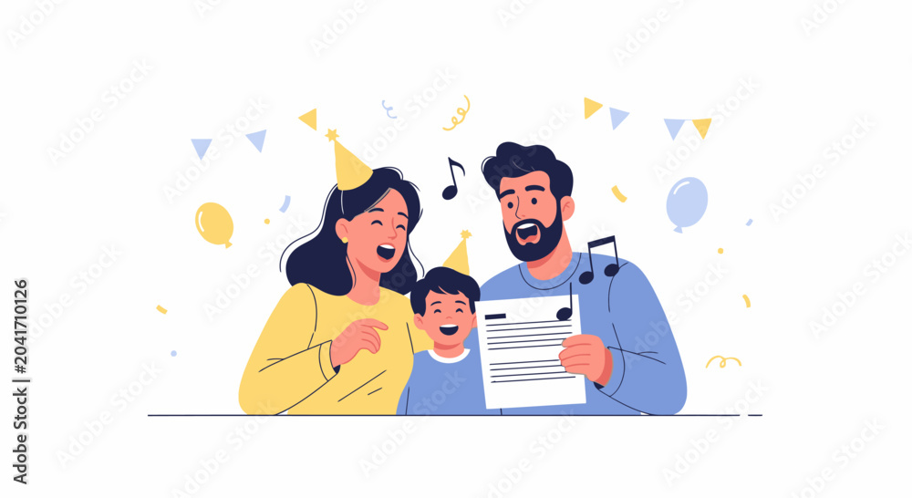 Obraz premium Happy family singing together at a birthday party with music notes and confetti