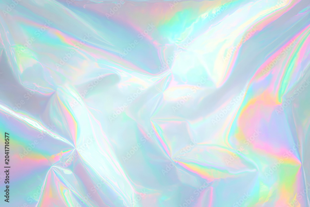 Obraz premium Vibrant Holographic Iridescent Background with Pastel Colors and Crumpled Shiny Plastic Texture
