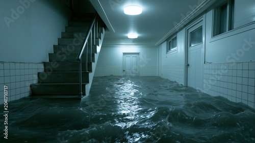Dark basement flooded by heavy rain and floods during the rainy season. Seasonal disaster concept.