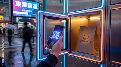 Person using smartphone qr code to open automated food pickup locker on rainy city street