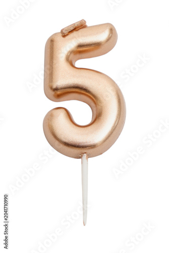 Photos Gold candle shaped as number five isolated on transparent background