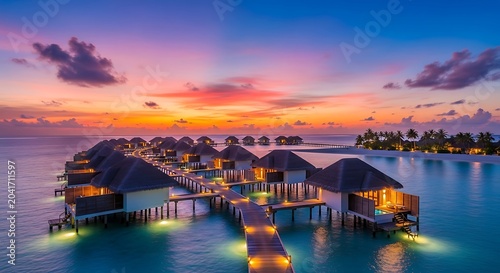 Luxurious Overwater Bungalows Glowing at Tropical Island Resort During Colorful Sunset