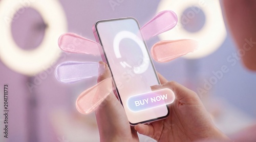 Closeup of a person holding a smartphone with a buy now button and cosmetic product swatches on the screen