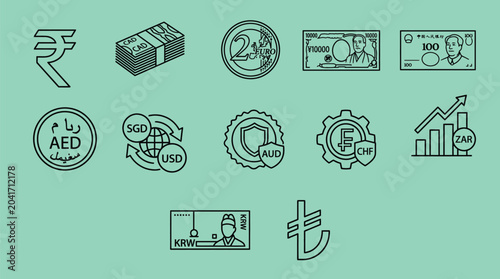 Premium Global Currency Collection Line Art Vector Bundle , 15 Countries Banknotes, Coins, Symbols and Financial Elements Set
