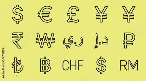 Premium Global Currency Collection Line Art Vector Bundle , 15 Countries Banknotes, Coins, Symbols and Financial Elements Set