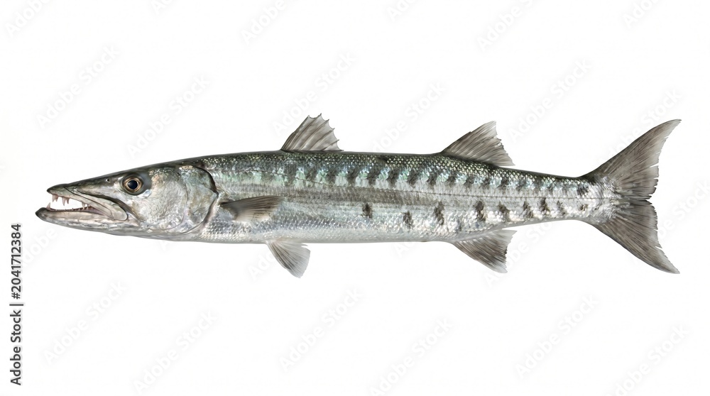 Obraz premium Great barracuda fish profile isolated on white background with sharp teeth and silver scales visible.