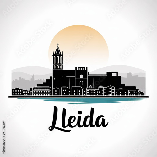 Tableau sur toile Lleida Skyline Silhouette — A Dramatic Spanish Hilltop Cathedral City Vector Ill