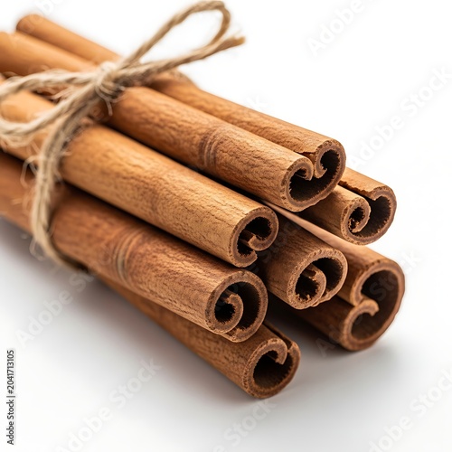 Aromatic Cinnamon Sticks Tied with Twine on White Background