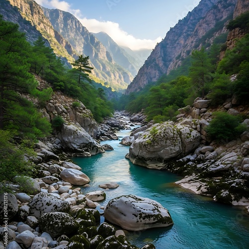 Turquoise Mountain River Flowing Through Rocky Forest Canyon