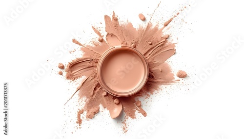 A makeup foundation container with a messy splash of powder on a white background
